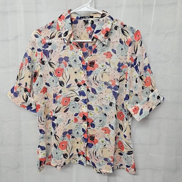 Chaps Pink Blue Floral Blouse Sheer Cottagecore Coquette Romantic M - Picture 8 of 11